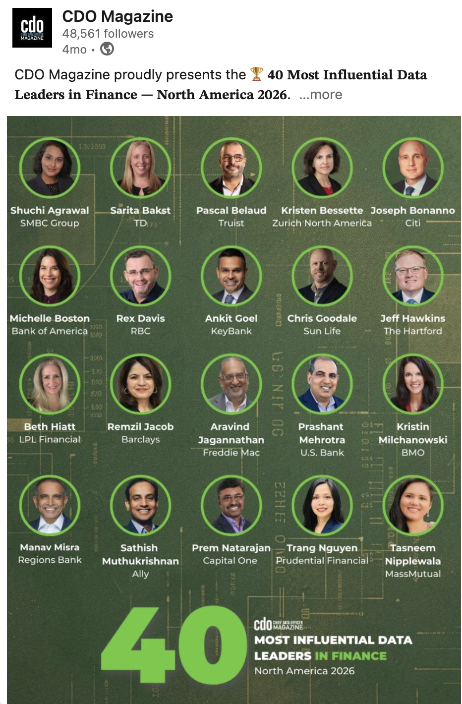 CDO Magazine 40 Most Influential Data Leaders in Finance 2026